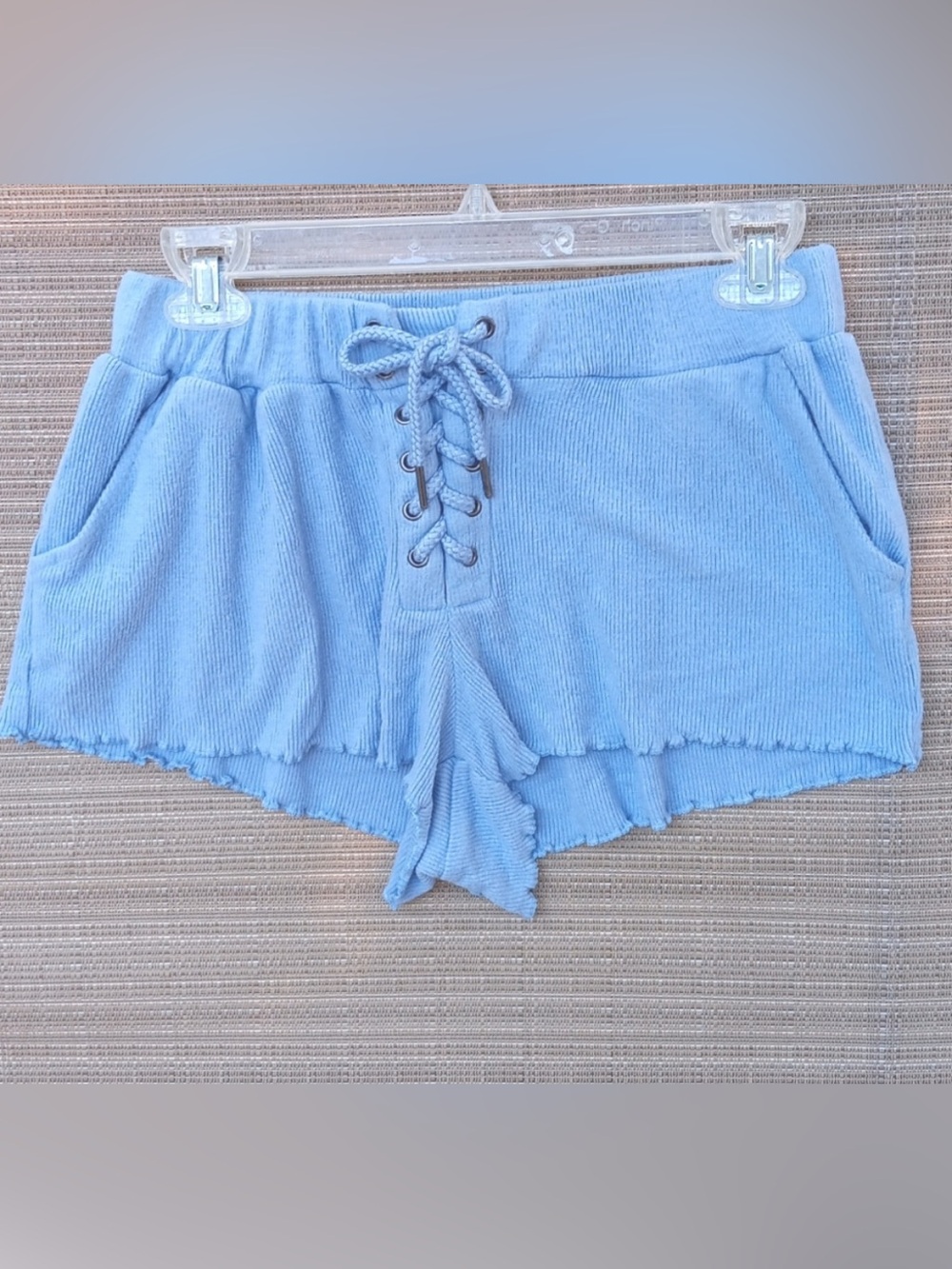 Sheek Vintage Havana Lace-Up Ribbed Flowy Shorts - Light Blue, Size Large